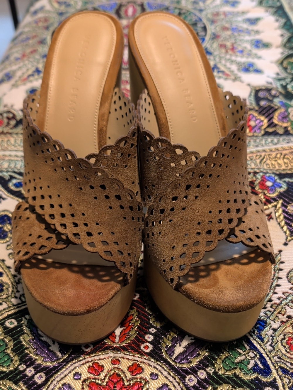 Veronica Beard Gaynor Brown Suede Scalloped Platform Mules
